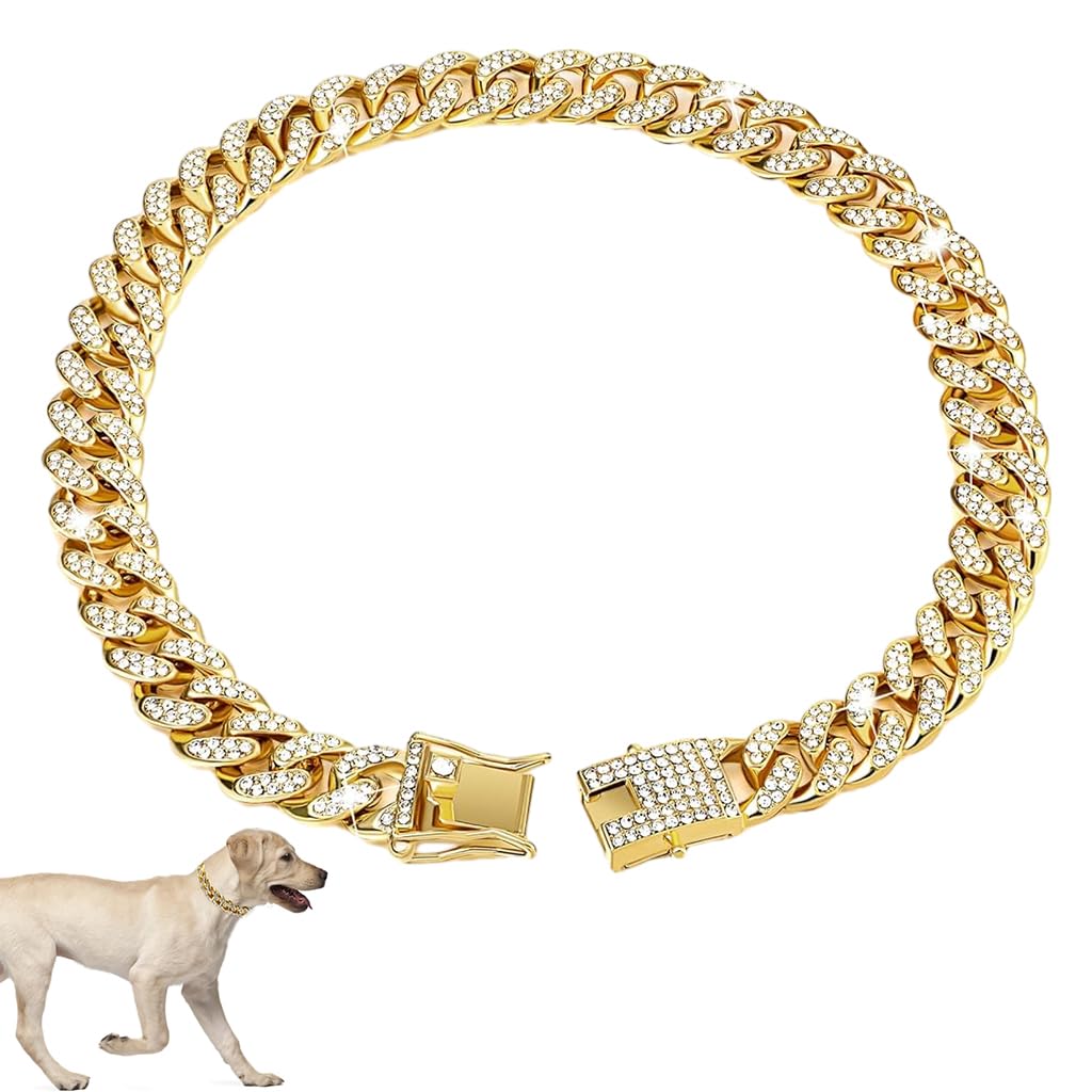 Qpets Dog Collar, Dog Chains for Strong Dogs, Dog Collar Chain for Large Dogs, Rhinestone Shining Metal Dog Neck Chain Collar with Secure Clasp (60CM/23.6'') Qpets Dog Collar, Dog Chains for Strong Dogs, Dog Collar Chain for Large Dogs, Rhinestone Shining Metal Dog Neck Chain Collar with Secure Clasp (60CM/23.6'')